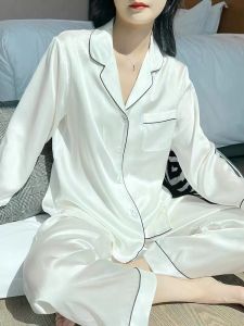 ชุดนอนไหม 2 ชิ้น แขนยาว กางเกงขายาว ผ้าไหมมัลเบอร์รี่ ฤดูใบไม้ผลิและฤดูใบไม้ร่วง เสื้อผ้าสำหรับใส่อยู่บ้าน สำหรับผู้หญิง