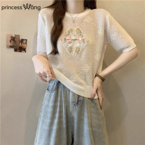 WANGGONGZHU | Princess Style Ice Silk Knitted Top Women Summer Thin Short Sleeve Embroidered Fashion T-Shirt Loose Fit Regular Sleeve Length