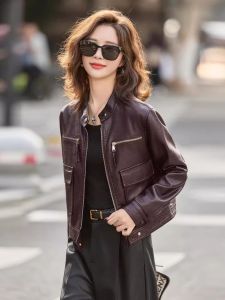 OUCAO | Punk Style Womens Biker Jacket Red PU Leather Slim Fit Zipper Closure Commute Fashion Short Coat Autumn New Arrival