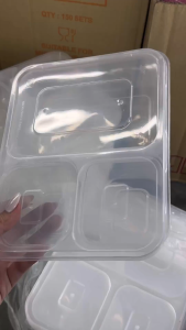 MW-1200TC (50+-Sets)Transparent Thick Hard 3Compartment Lunch Box With Lid Food Container Tableware