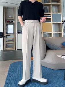 Business Casual Mens Straight Leg Pants Autumn Long Trousers Elastic Waist Design Metal Buckle Simple Match Polyester Fiber