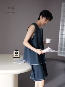 ชุดนอนชายผ้าโมดอลบางหลวมแขนกุด กางเกงขาสั้น ชุดอยู่บ้าน ชุดนอนเย็นสบาย ฤดูร้อน 2024 ลำลอง สีพื้น คอกลม 2 ชิ้น