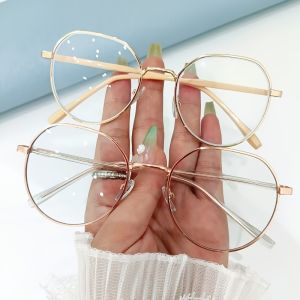 2 Pairs of Simple Oval Metal Frame Transparent Lenses Cute and Fashionable Color Changing Glasses