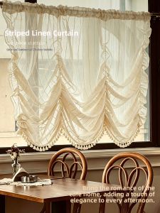 French Striped Linen Lace Tassel Edging Door Curtain
