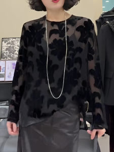 UYFY | Retro Chinese Style Printed Black Round Neck Top Womens Autumn New Arrival Semi-Transparent Lace Cover Up Casual Loose Fit