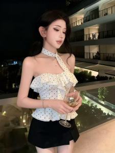 YANMANFENGQING | Light Mature Elegant White Polka Dot Ruffled Off-shoulder Blouse