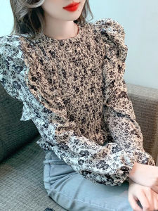 BaKuSen Autumn New Style Women's Long Sleeve Chiffon Shirt Floral Print Waist-Cinching Top Unique Design Holland Lace Trim