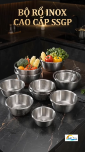Bộ Rổ Chậu Thau Inox 304 Rửa Rau Củ SSGP Đúc Nguyên Khối Xếp Gọn Đa Năng Cao Cấp