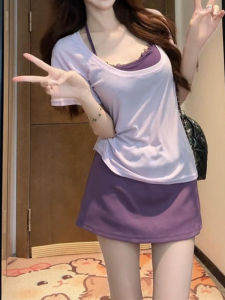 YUEZHONGWEI | Áo thun tay ngắn màu tím cho nữ mùa hè Áo hai mảnh gợi cảm Áo khoác ngoài thường ngày phong cách Hàn Quốc dáng rộng