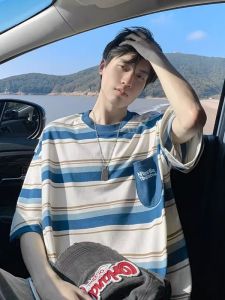 American Stripe T-Shirt Short Sleeve Men Summer Retro Sea Soul Shirt Color Block Heavy Loose Casual Half Sleeve INS Polyester Cotton Blend