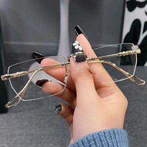 [+ 100ถึง + 400][-100ถึง-600] ไม่มีขอบแว่นอ่านหนังสือสำหรับผู้ชายผู้หญิงป้องกันแสงสีฟ้าสายตายาวตามอายุแว่นตากรอบโลหะแว่นตาที่มีเกรด