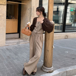 Korean Style High-End Three-Piece Set Womens Autumn 2025 New Open Cardigan Strap Top Casual Wide Leg Pants Elegant Fashion
