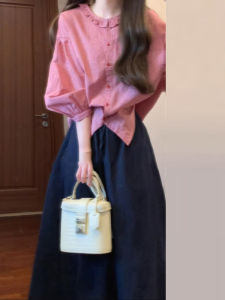 French Elegant Shirt Strap Dress Womens Early Autumn Outfit Set Long Dress Sweet High Waist A-Line Skirt Long Sleeve Loose Fit