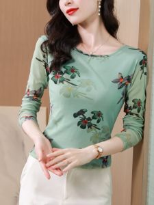 Fashionable round Neck Base Shirt Womens Floral Pattern Long Sleeve Slim Fit Mesh Underwear Top Moms Shirt Office Commute Style