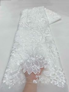 2026 White African Beaded Lace Fabric High Quality French Nigerian Sequins Tulle Lace Fabric for Women Party Dress Sewing