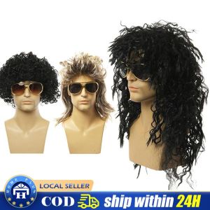 Funny Halloween Cosplay Wig Men Women 70s 80s Long Curly Black Rocker Costume Wig