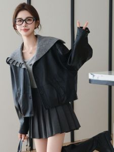 แจ็คเก็ตหนังสีดำ คอปกสีน้ำเงิน ทรงหลวม แขนยาว ปกติ ฤดูใบไม้ผลิ ฤดูใบไม้ร่วง ฤดูหนาว แจ็คเก็ตสั้น แจ็คเก็ตผู้หญิง