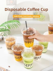 MEIDI | Disposable Coffee Tea Cup with Lid and Straw Food-Grade Clear Hard Thick Plastic