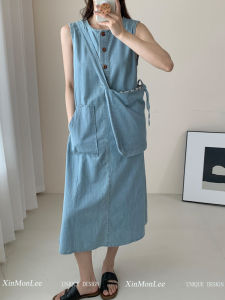 Retro Hong Kong Style Sleeveless Denim Dress Loose Slimming Button Design Vest Long Dress Korean Style Loose Waist Other Material