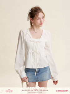 Romantic French Style Shirt with Bowtie V-neck White Cotton Lyocell Material Loose Fit Long Sleeve Womens Premium Fashion