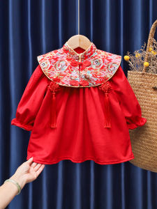 Fashionable Cute Girls Velvet Padded Dress Autumn and Winter Baby One Year Old Celebration Dress Fashionable Princess Chinese Style New Year Greeting