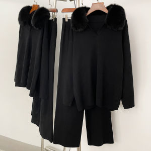 ชุดเสื้อคลุมขนสัตว์แท้สำหรับผู้หญิง ฤดูใบไม้ผลิ ชุดถักนิตติ้ง เสื้อสเวตเตอร์คอปกขนสุนัขจิ้งจอกแท้ ผู้หญิง ฤดูใบไม้ร่วง ถักนิตติ้ง ใหม่