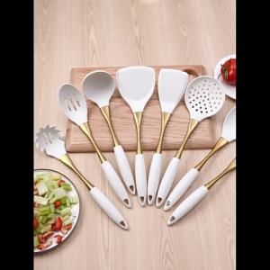 White Gold Handle Silicone Cooking Utensils Set 8 Pieces