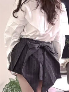 Váy Chữ a Xếp Ly Ren Viền Thắt Nơ Cạp Cao Cho Nữ Mùa Hè 2025 Váy Ngắn Dáng Chữ a Ôm Sát Đa Năng