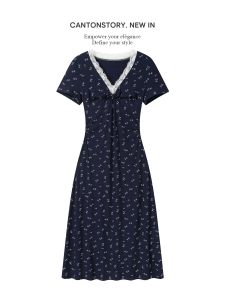 Lace Trimmed Floral Print Summer Vacation Style V-Neck Short Sleeve Dress