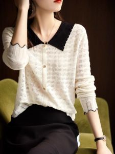 เสื้อคาร์ดิแกนถักคอตุ๊กตาสไตล์ฝรั่งเศส เสื้อเชิ้ตแฟชั่นสำหรับผู้หญิง ดีไซน์เก๋ไก๋ แขนยาว คอวี ทรงเข้ารูป ทรงเข้ารูป