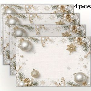 VIKAMA 4/6PC Christmas Meal Mat Silver Star Round Ball Pine Branch Pearl Dining Table Restaurant Christmas Decoration