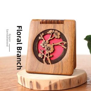 Engraved Foldable Green Sandalwood Cosmetic Mirror