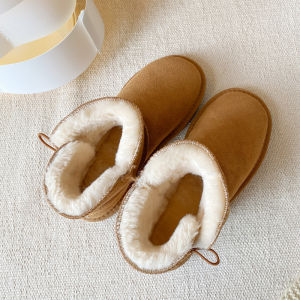 Womens Winter Thickened Short Snow Boots Real Cowhide Fur Integrated Warm Plush Lined Flat Heel TPR Rubber Anti-Slip Sole