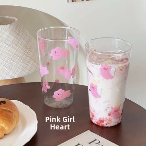 Large Capacity Glass Cup High Temperature Resistant Cartoon INS Style Womens Water Cup Coffee Juice Cup Transparent round Shape