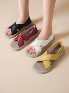 Comfortable Leather Sandals Womens Casual Slip-On Hollow out Toe Exposure Low Heel Flat Bottom Rubber Sole Fashion Shoes