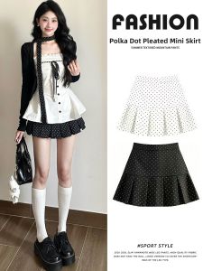 YINQING | Black Polka Dot Pleated A-line High Waist Stylish Design Versatile Short Skirt