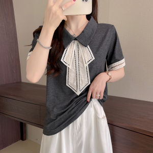 AIYITI | Plus Size French Style Short Sleeve T-Shirt with Polo Collar for Concealing and Slimming