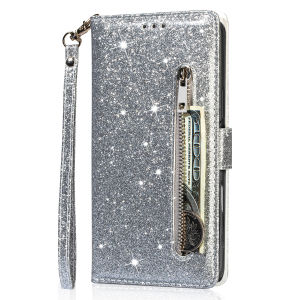 Zipper Glitter Leather Case for iPhone 17 Air 16 16E 15 14 13 12 11 Pro Max XS Max XR 8 7 Plus SE Flip Bling Wallet Phone Cover
