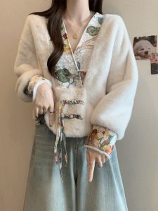Womens Short V-Neck Mink Velvet Sweater Coat Spring Autumn plus Size Embroidered Button-Up Chinese Style Top Warm Knitted Outerwear