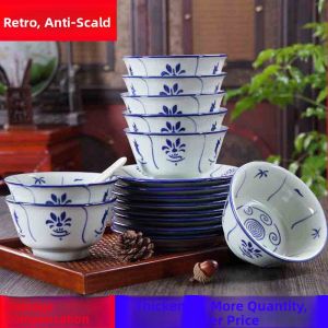Retro Blue And White Ceramic Bowl Set Chicken Bowl Rural Home Dining Utensils Rice Bowl Dishwasher Safe Chinese Style