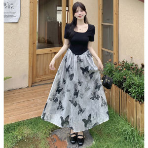 Plus Size Vintage Ink Print Fake Two-Piece Dress Womens Summer National Style Fancy Waist-Tight Slim Looking A- line Dress