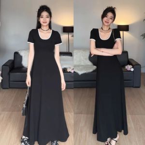 Hebe Style Little Black Dress Color Block U Neck Short Sleeve T Shirt Dress Women Summer Design Waist Cinching Beautiful Long Dress