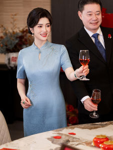 Blue Wedding Dress for Mom Elegant Young Noble Chinese Style New Couple Celebration Qipao Costume Breathable Polyester Fiber