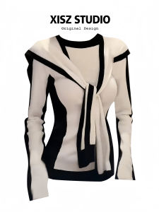 American College Style Color Block Long Sleeve Top And Shawl Two Piece Set Womens Retro Slimming Top for Autumn