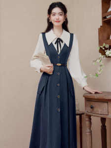 Retro Hong Kong Style College Shirt Vest Dress Two-Piece Set Spring Commute High-End Feel Long Sleeve Fashion Ensemble