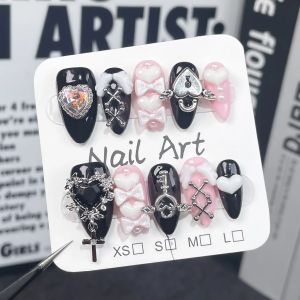 10 Pieces Y2k Spice Girl Handmade Press On Nails Black Pink Sweet Cool Nail Art Bow Love Diamond Almond False Nails
