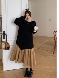 Black Panel Brown Loose Plus Size Fat Sister mm Dress Sweater Dress T-shirt Skirt Sloth Dress Autumn Clothes for Pregnant Women