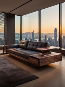 Modern Luxury Straight Row Black Walnut Wooden Sofa New Chinese Style High End Villa Solid Wood Leather Living Room Couch