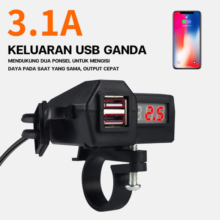 AUTOFun Motorcycle Digital Voltmeter Charger Motor Cas HP Motor 2 USB 3.1A 10-24V Universal Dual USB Charger +Voltmeter