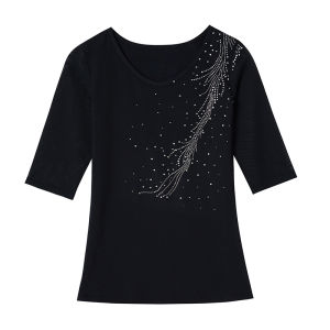 Fashionable Latin Dance Top with Diamond Square Social Dancing Performance Dance Practice Clothes Short Sleeve Summer Cotton round Neck for Women